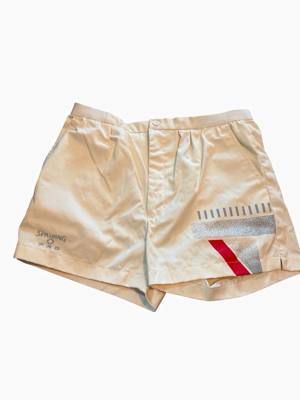 VTG Retro 80s 90s Spalding Athletic Shorts 34 Cream Silver Red Geometric Tennis